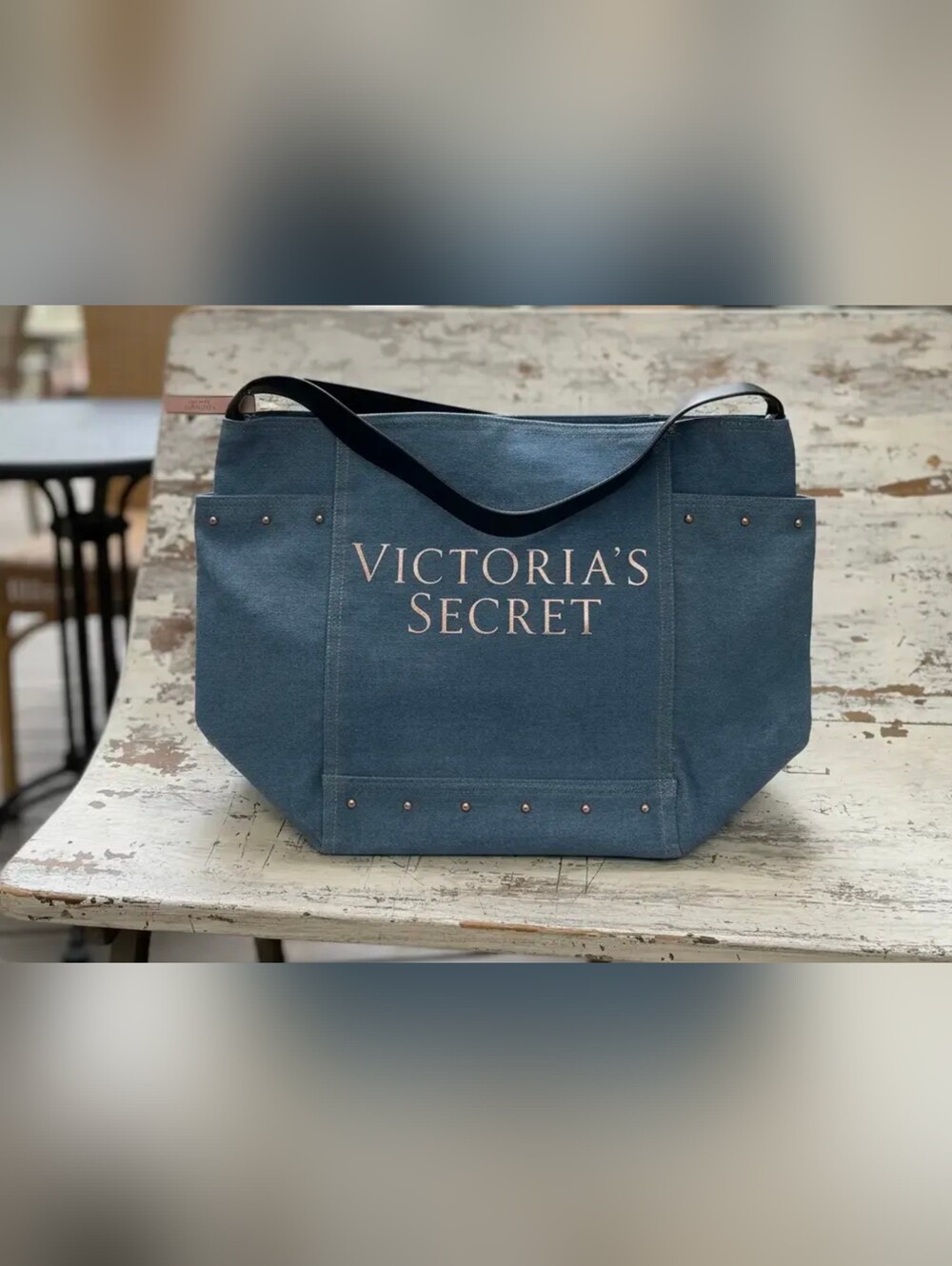 Victoria's Secret Large Denim Tote Bag with Rose Gold Logo New with Tags
